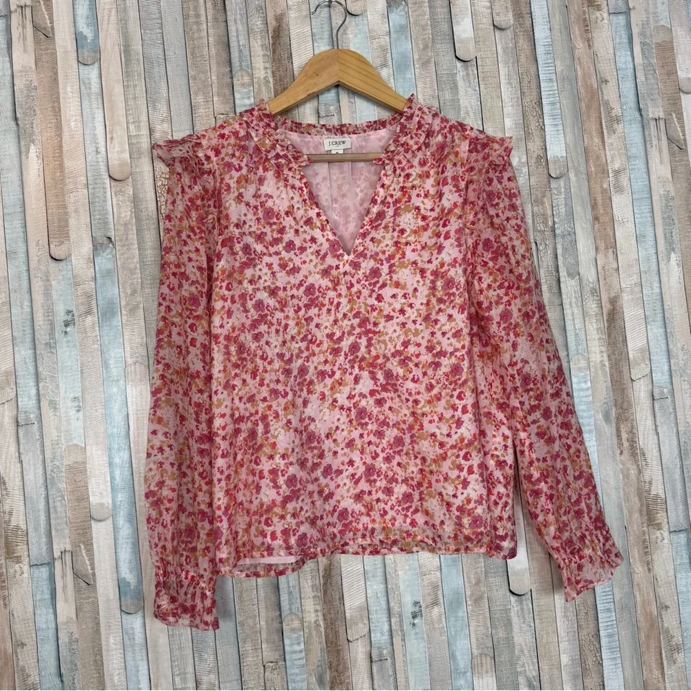 J Crew S Ruffle Collar Top Blouse Pink Ditsy Floral Print Easter Spring Feminine
